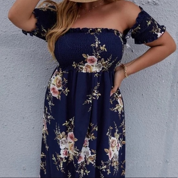 Boho Plus Floral Print Off Shoulder Cottagecore Dress - Picture 4 of 14